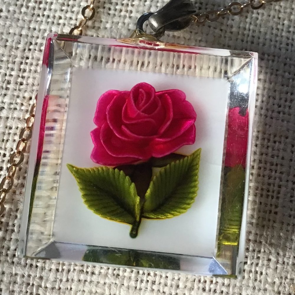 Lovely Reverse Carved Vintage Rose Flower Pendant
